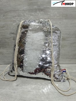 Рюкзак-мешок на затяжках  с пайетками Серебро/Белый